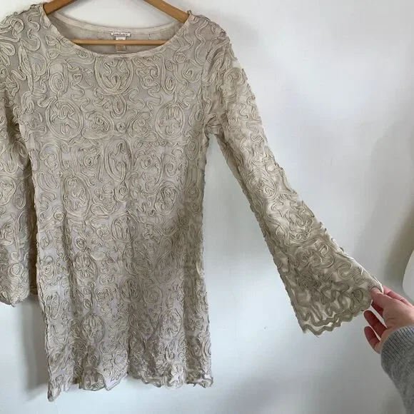 Sundance Soutache Dress Tan Cream Size XS Petite Lace Ribbon Wedding Guest Party - Picture 4 of 16